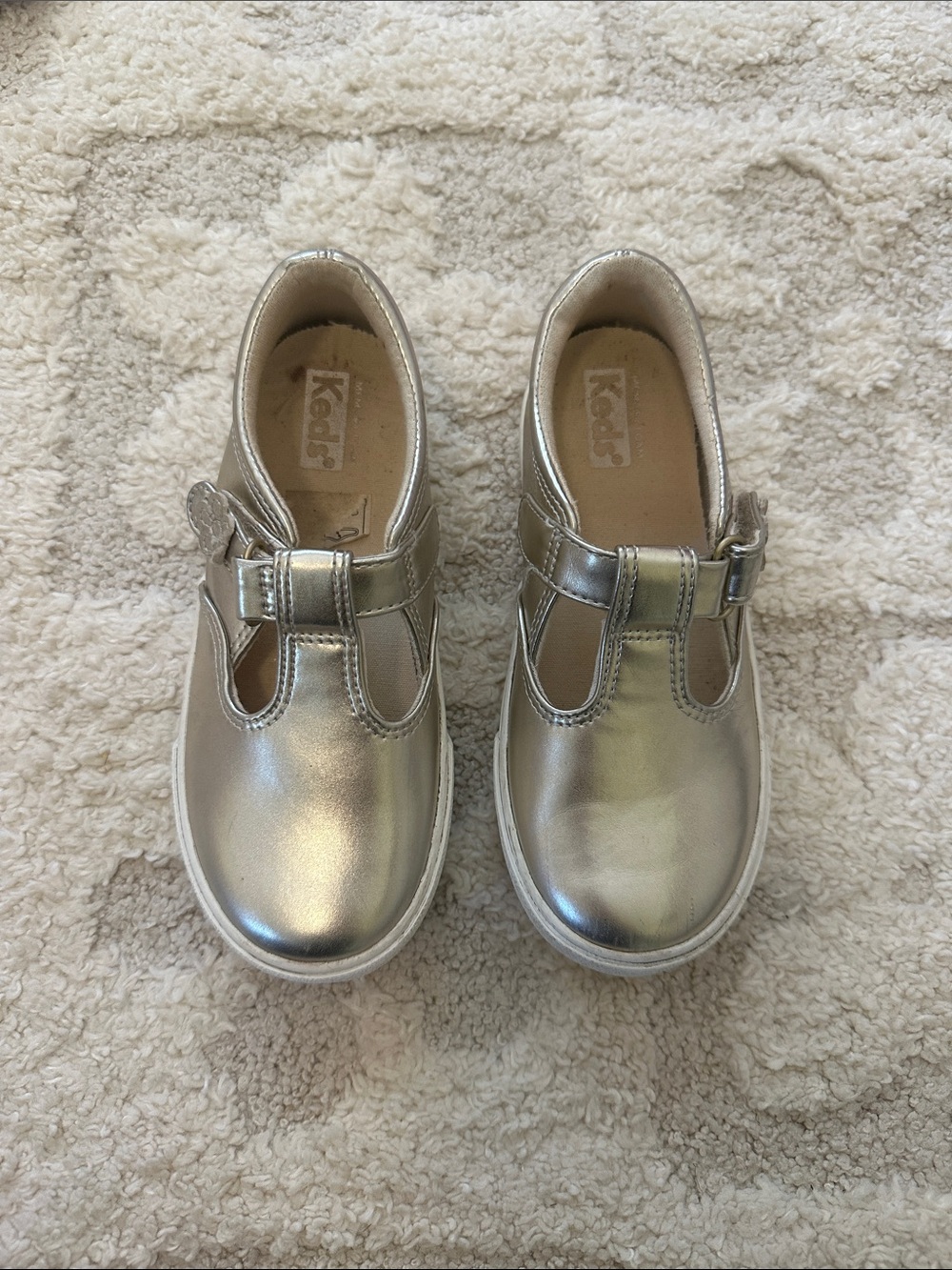 Keds Girls Metallic Silver T-Strap Dress Shoes